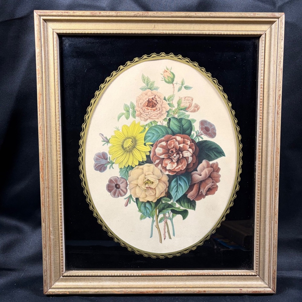 Hochschild Kohn & Co Vintage Floral Lithograph Black Glass Mat Gilt Frame 13x11
